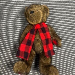 Brown Plush Teddy Bear‎ Red Buffalo Plaid Scarf and Paws 12 Inch Rustic Holiday